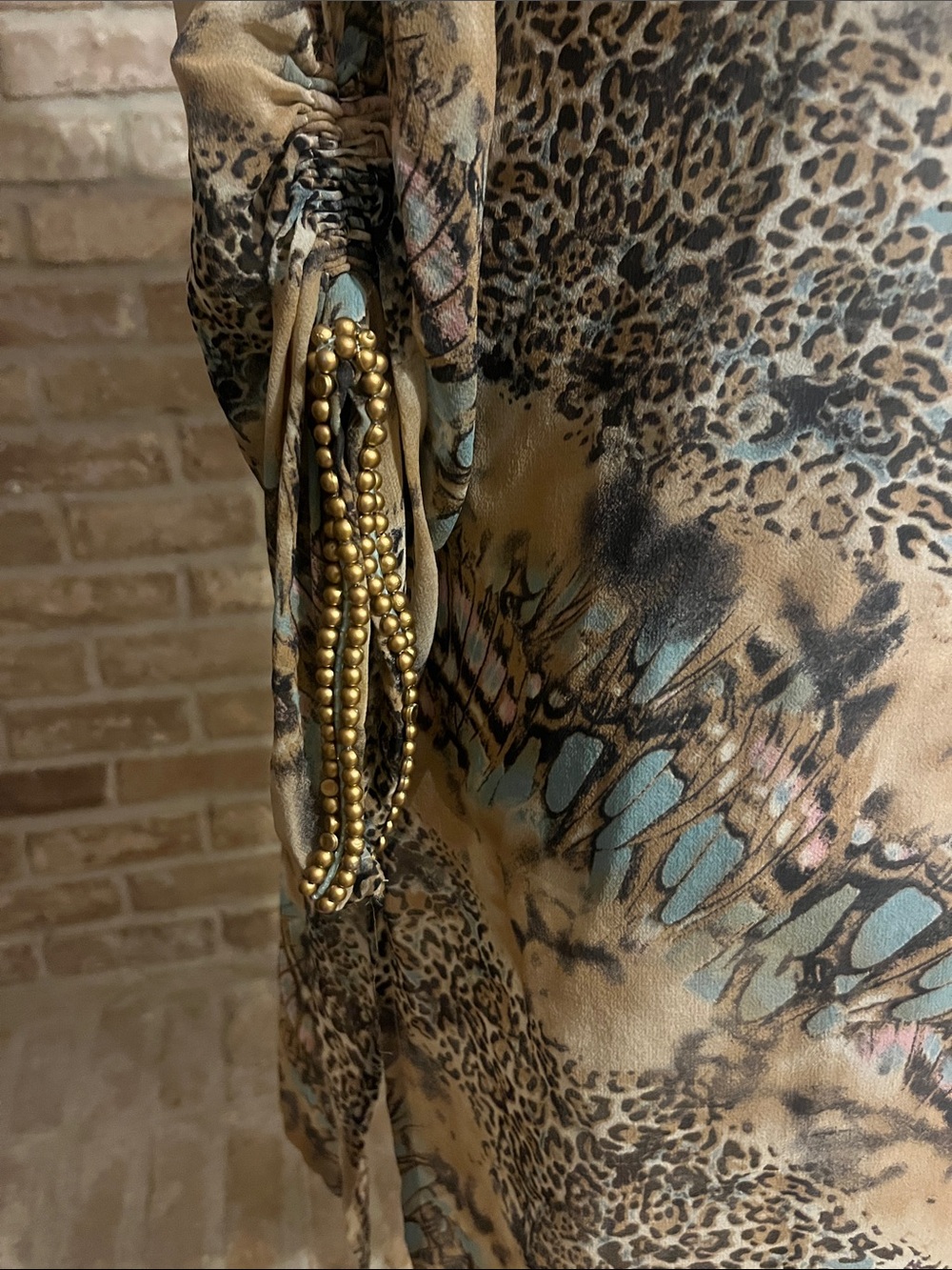 Beaded Sheer V-Neck Long Sleeve Animal-Print Tunic in Beige and Teal - Picture 2 of 6